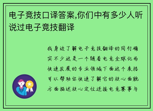 电子竞技口译答案,你们中有多少人听说过电子竞技翻译